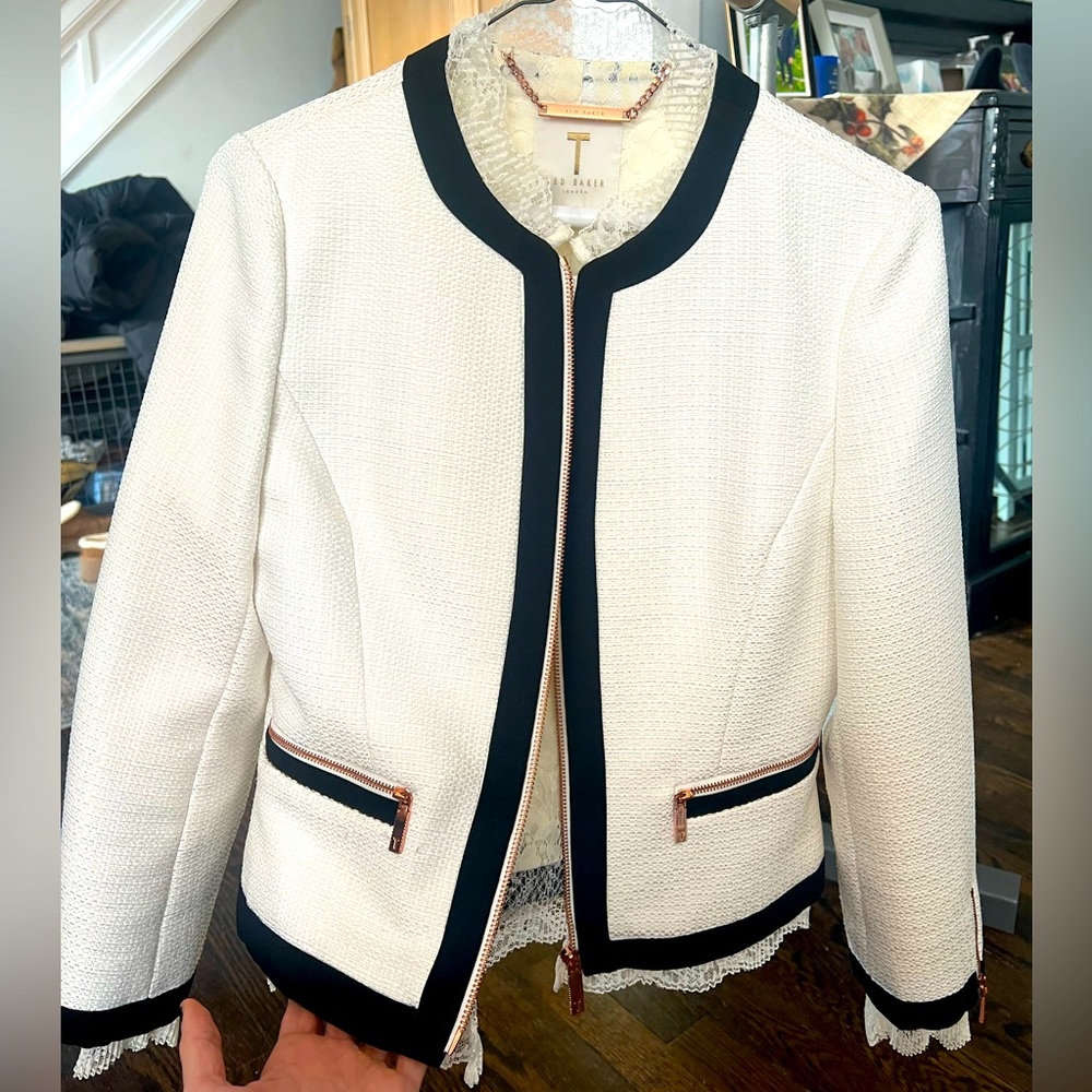 Ted Baker Blazer Size 1, White and Black with white lace trim details